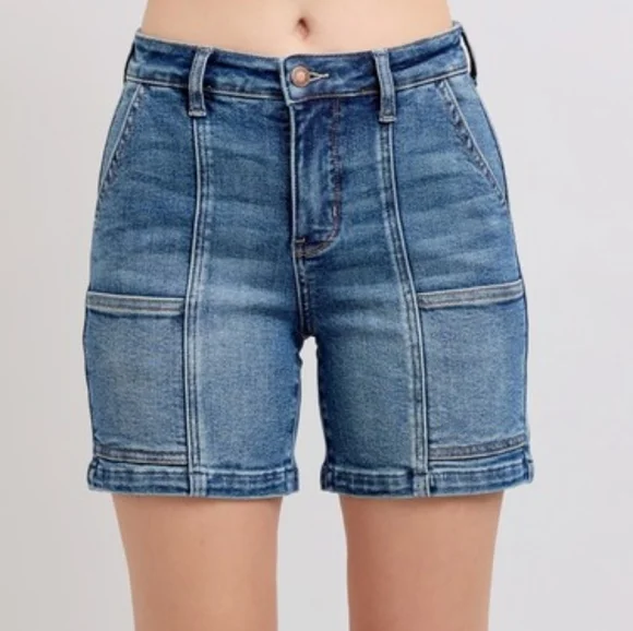 Judy Blue High Rise Denim Mid-Length Enevlope Pockets Slim Fit Jean Shorts